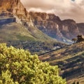 Beautiful panorama of Table Mountain in Cape Town on a sunny day with copy space. Banner of a bright morning and vibrant