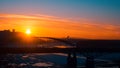 Panorama of transport on the bridge and sunrise over the Belaya River in Ufa, Bashkiria, Russia Royalty Free Stock Photo
