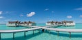 Beautiful panorama of the tropical island landscape with over water bungalows in the ocean