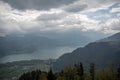 Beautiful panorama view of lake Thun with mountain and cloudy sky looking from harder kulm