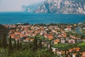 Beautiful panorama view of a mountain lake in northern Italy in the lombardy of lago di garda from a bird`s eye view. View of the Royalty Free Stock Photo