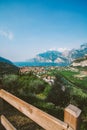 Beautiful panorama view of a mountain lake in northern Italy in the lombardy of lago di garda from a bird`s eye view. View of the Royalty Free Stock Photo