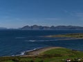 View of the northern coast of Lofoten, Norway on the shore of Norwegian Sea with rocky beach, fields and mountains of island.