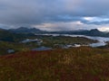 Panorama view over the west of VestvÃÂ¥gÃÂ¸ya island, Lofoten, Norway with fjord Buksnesfjorden, Leknes town, mountains and meadow. Royalty Free Stock Photo