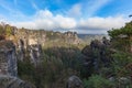 Beautiful panorama view of sandstone mountains in Saxon Switzerland National Park from Bastei bridge, Saxony, Germany Royalty Free Stock Photo