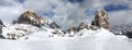 Beautiful panorama view of Tofana di Rozes and Cinque Torri mountain group. Dolomites, Cortina d`Ampezzo. Veneto in Italy Royalty Free Stock Photo