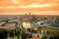 Beautiful panorama of Vilnius old town taken from the Gediminas hill. Nice sunny sunset in Lithuania`s capital Royalty Free Stock Photo