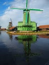 Beautiful panorama of Zaanse Scans in the Netherlands. Windmills on ponds and streams