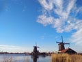 Beautiful panorama of Zaanse Scans in the Netherlands. Windmills on ponds and streams Royalty Free Stock Photo