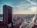 Beautiful panoramic aerial drone skyline view of Atlas Tower Millennium Plaza and Reform Plaza is a skyscraper in Warsaw located