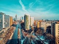 Beautiful panoramic aerial drone skyline view of the Warsaw City Centre with skyscrapers of the Warsaw City Centre, Poland, EU Royalty Free Stock Photo