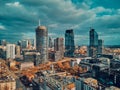 Beautiful panoramic aerial drone skyline view of the Warsaw City Centre with skyscrapers, Poland, EU Royalty Free Stock Photo