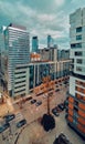 Beautiful panoramic aerial drone skyline view of the Warsaw City Centre with skyscrapers, Poland, EU Royalty Free Stock Photo