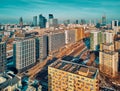 Beautiful panoramic aerial drone skyline view of the Warsaw City Centre with skyscrapers of the Warsaw City Centre, Poland, EU Royalty Free Stock Photo