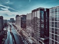 Beautiful panoramic aerial drone skyline view of the Warsaw City Centre with skyscrapers of the Warsaw City Centre, Poland, EU Royalty Free Stock Photo