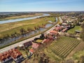 Beautiful panoramic aerial drone view to the Sandomierz Royal Castle - planting vines in the vineyard of St. Jakub - near the