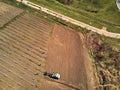 Beautiful panoramic aerial drone view to the Sandomierz Royal Castle - planting vines in the vineyard of St. Jakub - near the