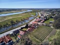 Beautiful panoramic aerial drone view to the Sandomierz Royal Castle - planting vines in the vineyard of St. Jakub - near the