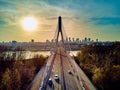 Beautiful panoramic aerial dsrone view to Swietokrzyski Bridge English: Holy Cross Bridge - is a cable-stayed bridge over the