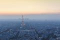 Beautiful panoramic aerial view of Paris and Eiffel tower at sunset from Montparnasse Tower