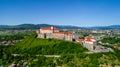 Beautiful panoramic aerial view to Palanok Castle in the city of Mukachevo.