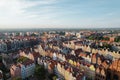 Beautiful panoramic architecture of old town in Gdansk, Poland at sunrise. Aerial view drone pov. Landscape cityscape Royalty Free Stock Photo