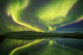 Beautiful panoramic Aurora Borealis or better known as The Northern Lights for background view in Iceland, Jokulsarlon.