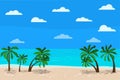 Beautiful panoramic blue sea landscape: calm ocean, palm trees, clouds, sand coastline, Vector illustration of exotic tropical Royalty Free Stock Photo