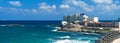 Beautiful panoramic bright landscape of La Manga del Mar Menor, seaside spit Mediterranean Sea cloudy fluffy sky Royalty Free Stock Photo