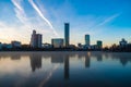 Beautiful panoramic colorful cityscape of Yekaterinburg city center at winter sunset