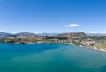 Beautiful panoramic high angle aerial drone view of the town of Wanaka, a popular ski and summer resort town Royalty Free Stock Photo