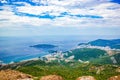 Beautiful panoramic landscape of Adriatic sea, island of Saint Nicholas, mountains on Coast Budva Riviera, Montenegro Royalty Free Stock Photo