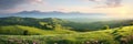 Beautiful panoramic landscape of a green hills with spring flowers - AI Generated