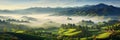 Beautiful panoramic landscape of a green hills with spring flowers - AI Generated