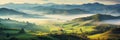 Beautiful panoramic landscape of a green hills with spring flowers - AI Generated