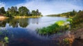 Beautiful panoramic landscape of the lake at sunny day. Royalty Free Stock Photo