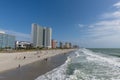 Beautiful panoramic Myrtle Beach vista on a gorgeous sunny day, lots of people on the beach