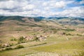 Beautiful panoramic and picturesque view of the Beaujolais wine region and the blooming vineyards at spring Royalty Free Stock Photo