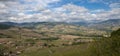 Beautiful panoramic and picturesque view of the Beaujolais wine region and the blooming vineyards at spring Royalty Free Stock Photo