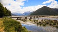 Beautiful Panoramic scenic view of Arthur`s pass bridge with Arthur`s Pass National Park Panoramic scenery in summertime