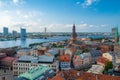 Beautiful panoramic shot of the St. Peters Cathedral during sunset in Riga, Latvia