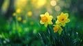 Beautiful panoramic spring nature background with daffodil flowers