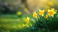 Beautiful panoramic spring nature background with daffodil flowers