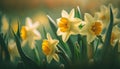 Yellow Daffodils Flowers closeup on green background Royalty Free Stock Photo