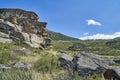 Beautiful panoramic summer steppe landscape of stone mountains