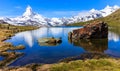 Beautiful panoramic summer view of the Stellisee lake with reflection of the iconic Matterhorn Monte Cervino, Mont Cervin