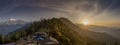Beautiful panoramic sunset landscape with guest house located in the Himalaya mountains