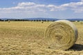 Beautiful panoramic view of afield with straw bales and a blue sky with clouds