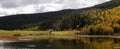 Beautiful panoramic view of the autumn forest with a lake. Shangri-la, Yunnan, China. Royalty Free Stock Photo