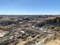 A beautiful panoramic view of the badlands in Dinosaur provincial park, Alberta, Canada.  Full of valleys of hoodoos and coulees. Royalty Free Stock Photo